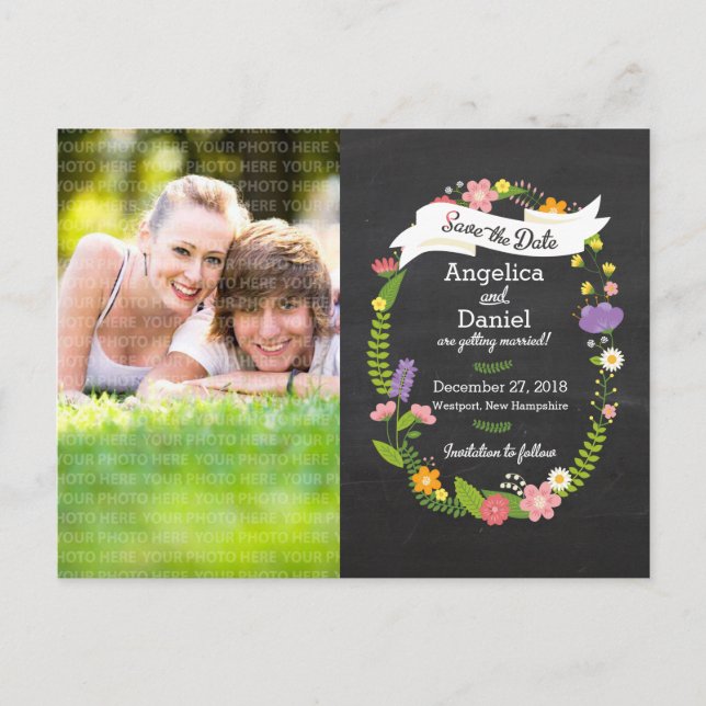 Boho Wreath on Chalkboard Photo Save the Date Announcement Postcard (Front)
