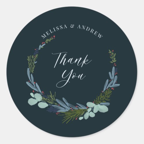 Boho Wreath on dark blue Thank You Wedding Classic Round Sticker