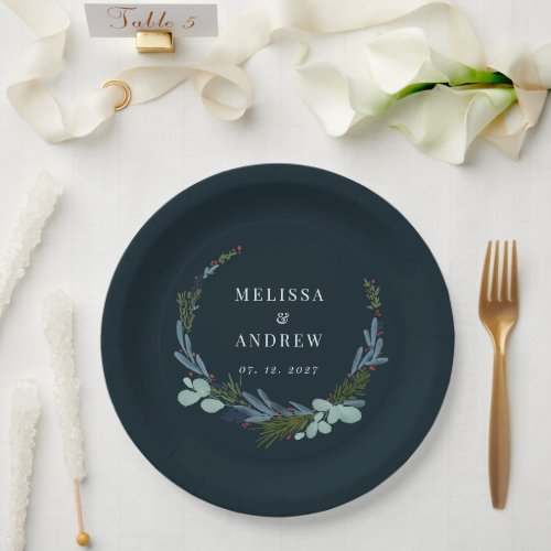 Boho Wreath on Dark Blue Wedding Design Paper Plates