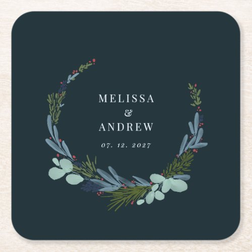 Boho Wreath on Dark Blue Wedding Design Square Paper Coaster