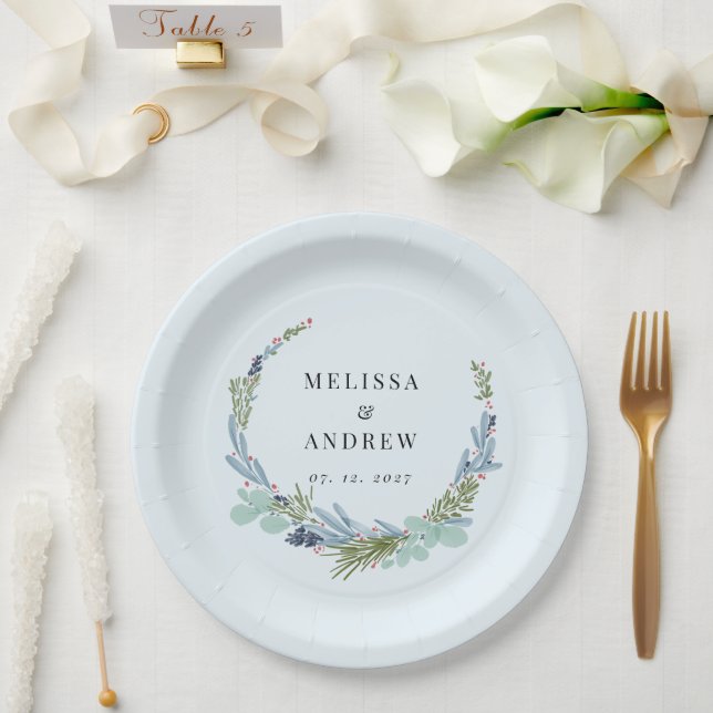 Boho Wreath on Light Blue Wedding Design Paper Plates (Wedding)
