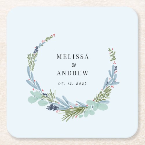 Boho Wreath on Light Blue Wedding Design Square Paper Coaster