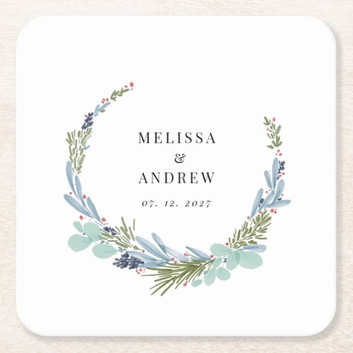 Boho Wreath on White Wedding Design Square Paper Coaster