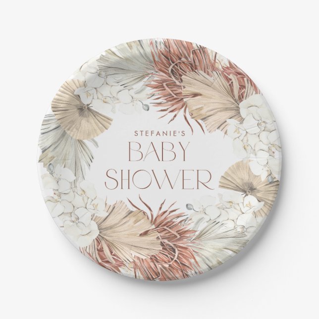 Boho Wreath Palm Leaves and Orchids Baby Shower Paper Plates (Front)