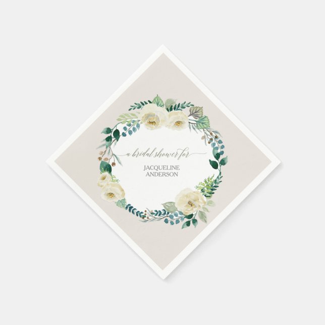 BOHO Wreath Rustic Alabaster Roses Foliage Floral Napkins (Corner)