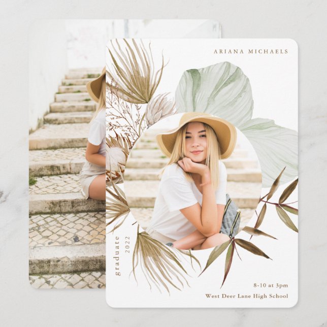 Boho Wreath Two Photo Graduation Announcement (Front/Back)