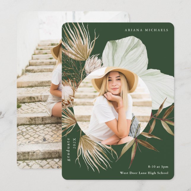 Boho Wreath Two Photo Graduation Green Announcement (Front/Back)