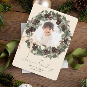 Boho Wreath with Bow Photo Holiday Card