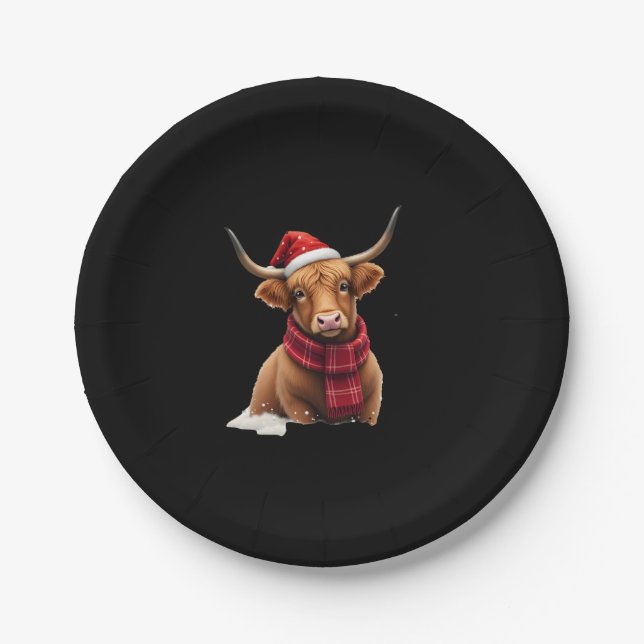 Boho Xmas Christmas Highland Cow T-Shirt (1) Paper Plates (Front)