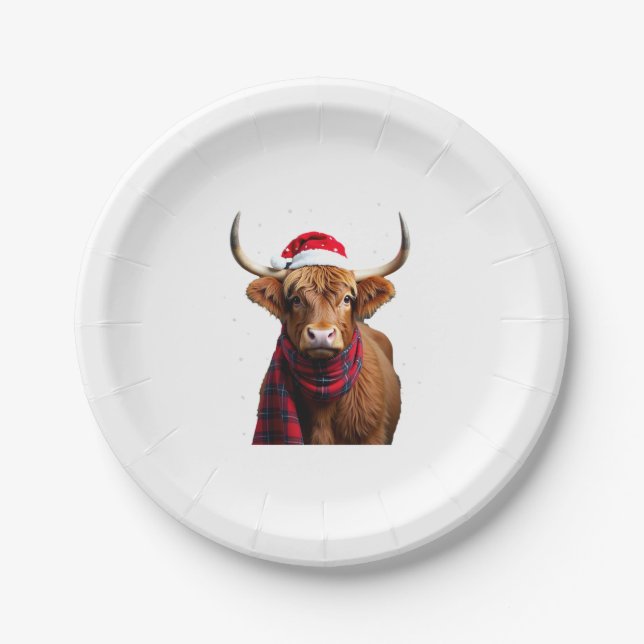 Boho Xmas Christmas Highland Cow T-Shirt (1) Paper Plates (Front)