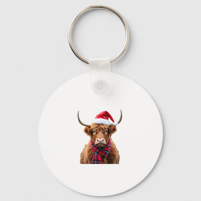 Boho Xmas Christmas Highland Cow T-Shirt (2) Keychain (Front)