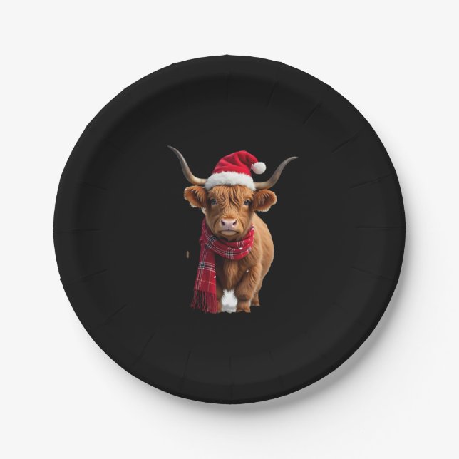Boho Xmas Christmas Highland Cow T-Shirt (3) Paper Plates (Front)