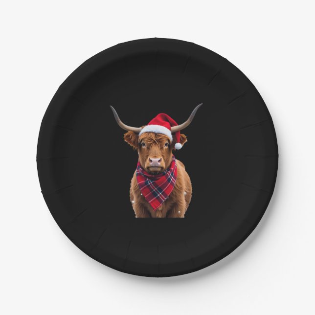 Boho Xmas Christmas Highland Cow T-Shirt Paper Plates (Front)