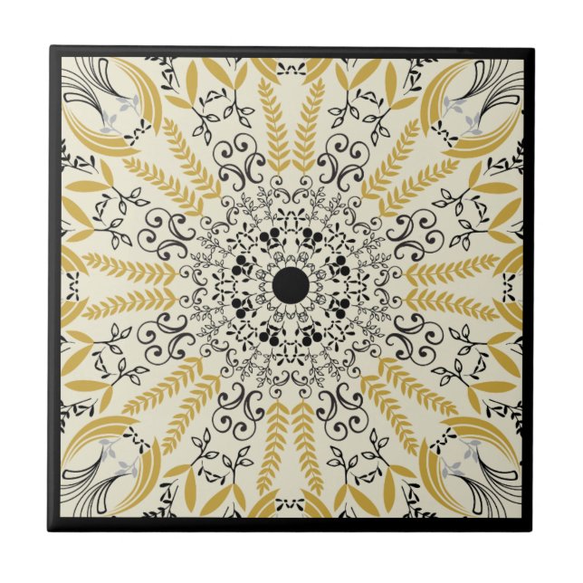 Boho yellow and black mandala design ceramic tile (Front)