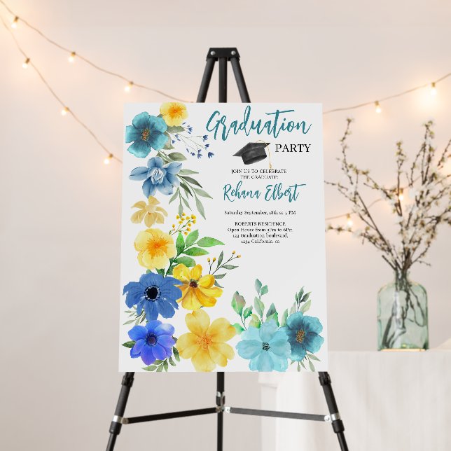 Boho Yellow & Blue Floral Graduation Invitation Foam Board (In Situ (Stand))