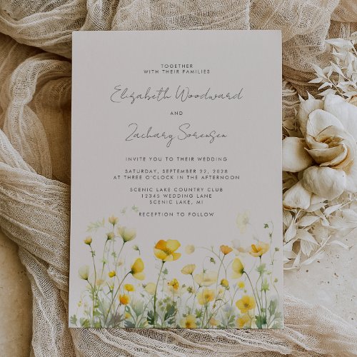 Boho Yellow Buttercups Watercolor Floral Wedding Invitation