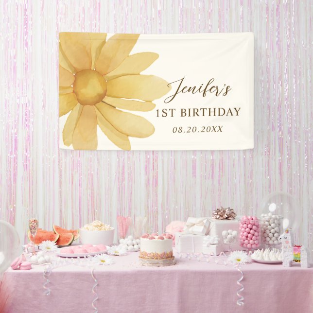 Boho Yellow Daisy 1st Birthday Party Banner (Party)