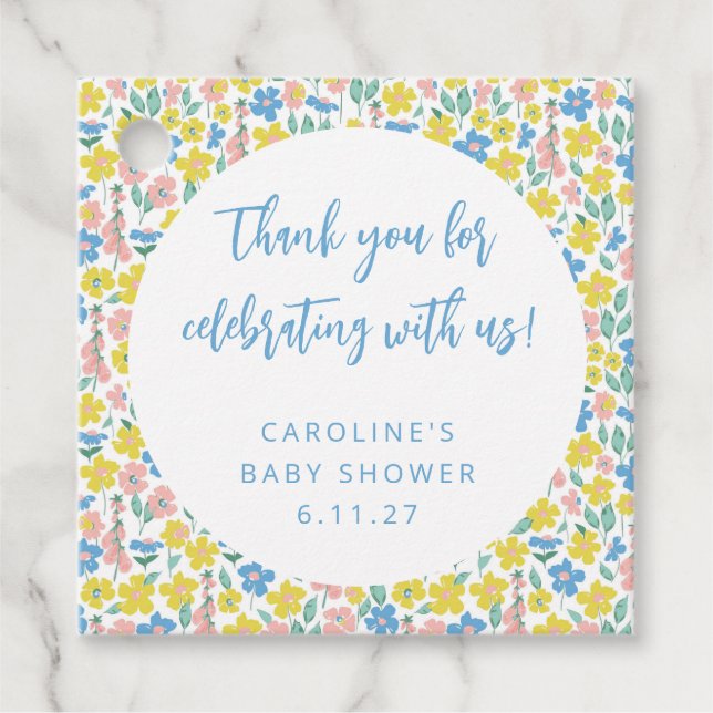 Boho Yellow Ditsy Floral Custom Baby Shower Thank Favor Tags (Front)
