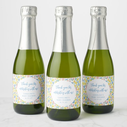 Boho Yellow Ditsy Floral Custom Baby Shower Thank Sparkling Wine Label