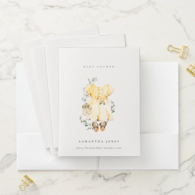 Boho Yellow Dress Shoes Foliage Girl Baby Shower Pocket Folder (In Situ)