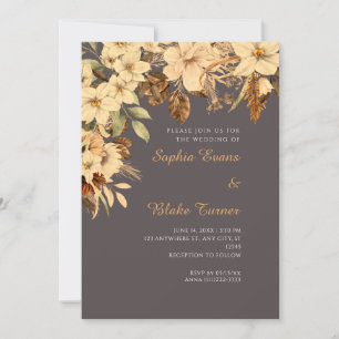 Boho Yellow Floral Autumn Ash Gray Wedding Invitation