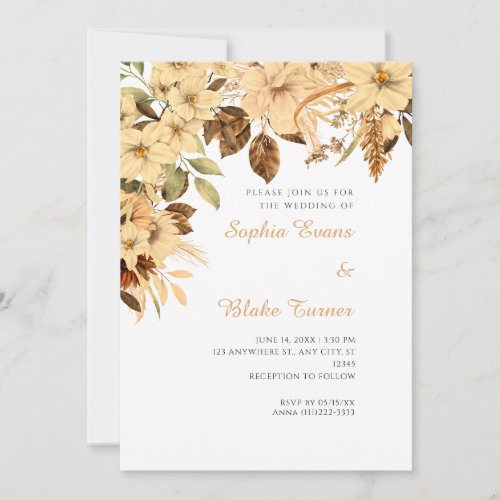 Boho Yellow Floral Autumn White Wedding Invitation