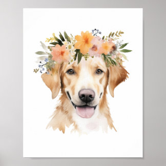 Boho Yellow Labrador Dog Flower Crown Watercolor Poster