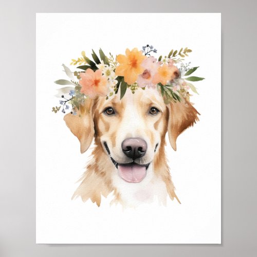 Boho Yellow Labrador Dog Flower Crown Watercolor Poster