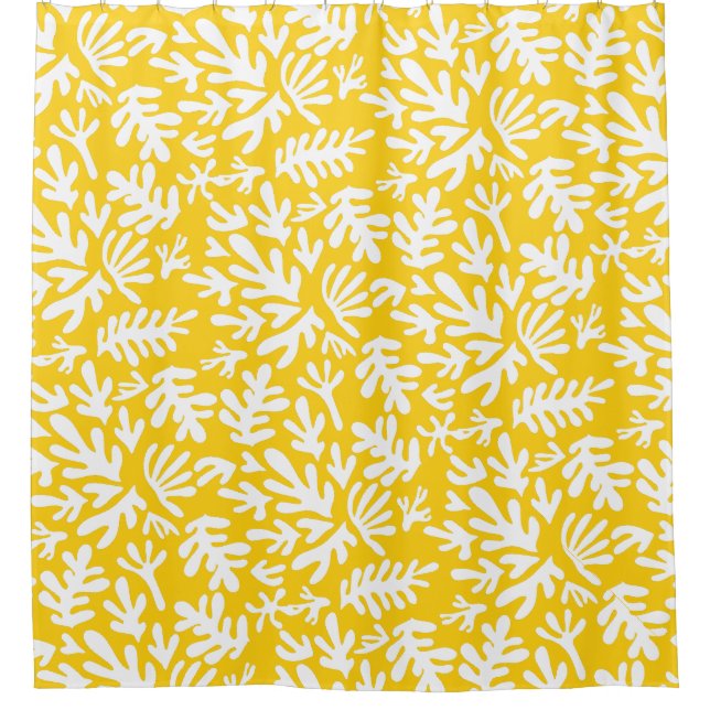 Boho Yellow Modern Botanical Shapes Pattern Shower Curtain (Front)