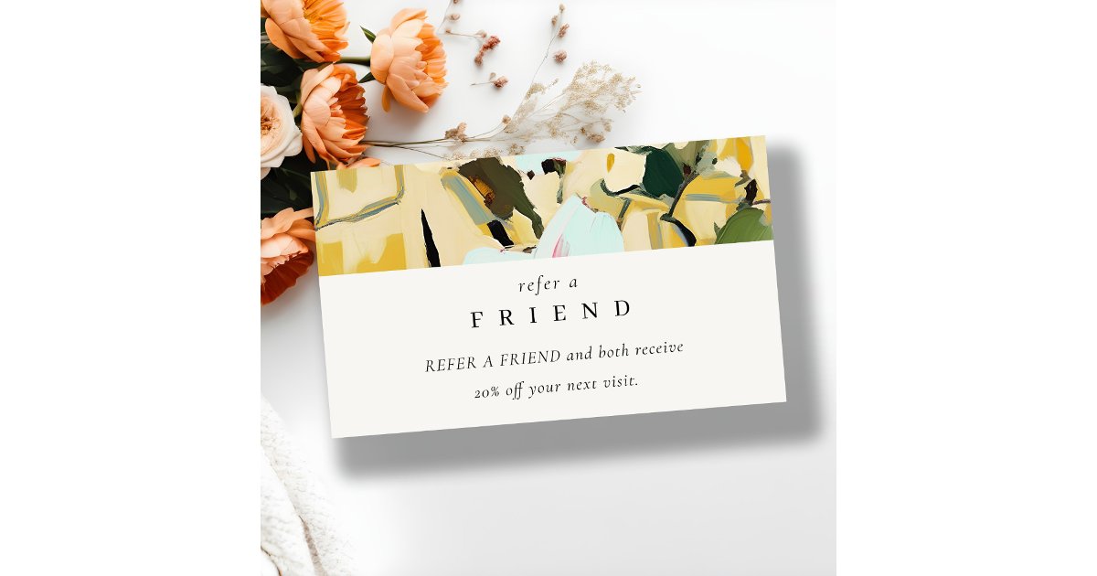 Boho Yellow Ochre Painted Floral Refer A Friend Business Card | Zazzle