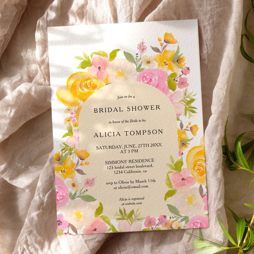 Boho Yellow pink floral arch chic bridal shower Invitation