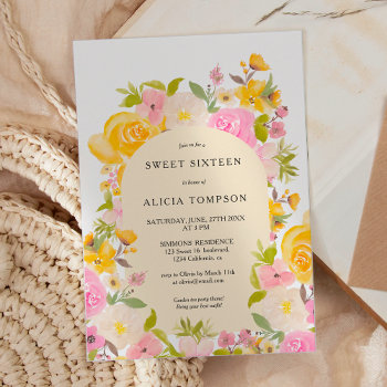 Boho Yellow Pink Floral Arch Chic Sweet 16 Invitation by girly_trend at Zazzle