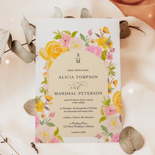 Boho Yellow pink floral arch chic wedding Invitation