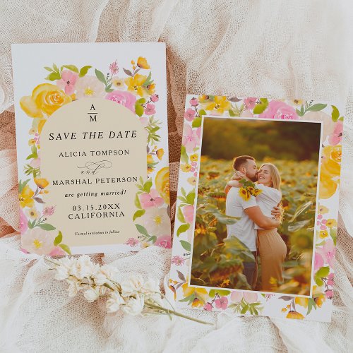 Boho Yellow pink floral arch chic wedding Save The Date