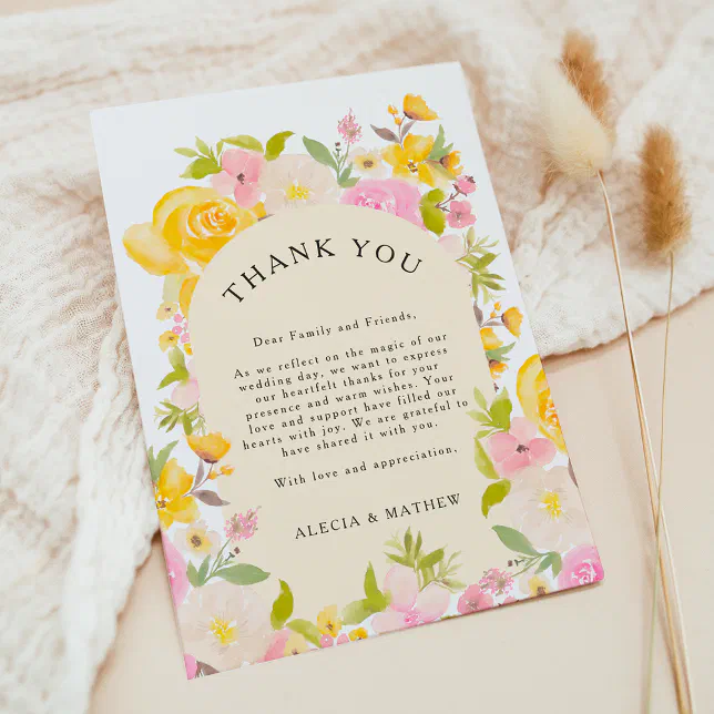 Boho yellow pink floral rustic Wedding Thank You Card | Zazzle