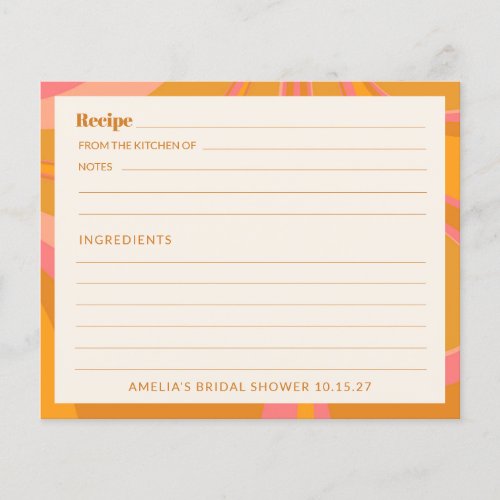 Boho Yellow Pink Marble Bridal Shower Recipe Card