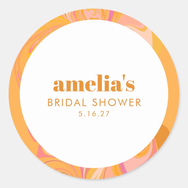 Boho Yellow Pink Marble Custom Bridal Shower Name Classic Round Sticker (Front)