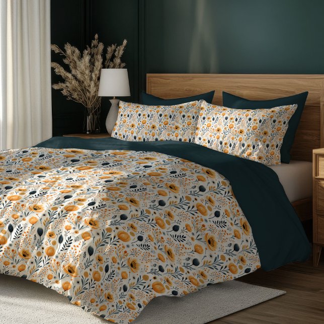 Boho yellow poppies and ivory wild flowers duvet cover (Boho yellow poppies and ivory wild flowers duvet cover)