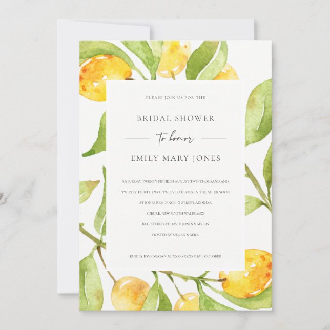 BOHO YELLOW WATERCOLOUR FAUNA OLIVE BRIDAL SHOWER INVITATION (Front)