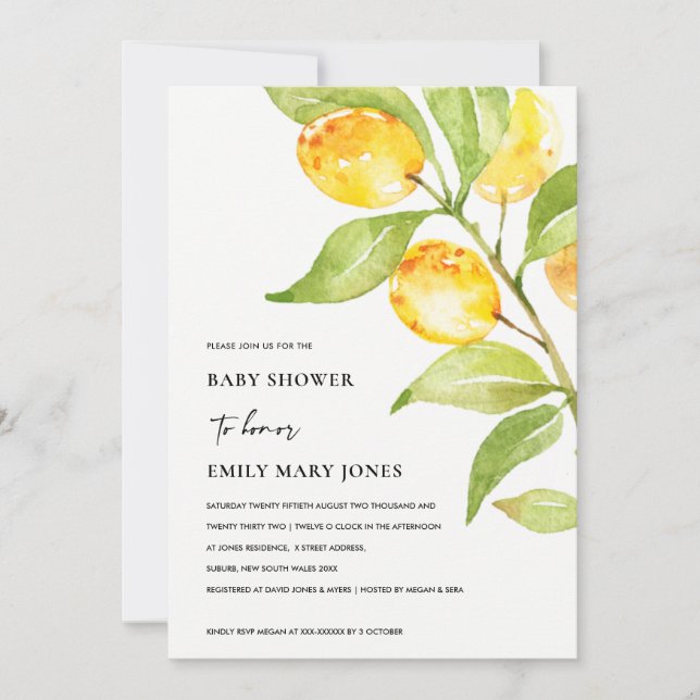 BOHO YELLOW WATERCOLOUR FOLIAGE OLIVE BABY SHOWER INVITATION (Front)