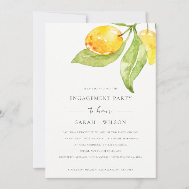 BOHO YELLOW WATERCOLOUR FOLIAGE OLIVE ENGAGEMENT INVITATION (Front)