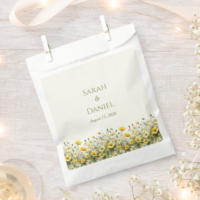 Boho Yellow Wildflowers, Olive Thank You Wedding Favor Bag (Clipped)