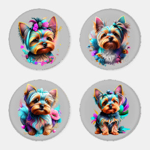 Boho Yorkie With Flowers & Feathers Coaster Set