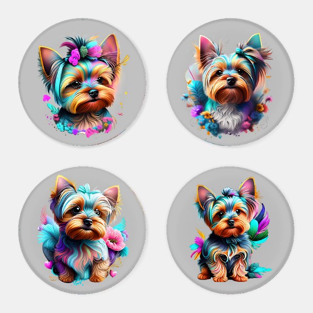 Boho Yorkie With Flowers & Feathers Coaster Set (Set)