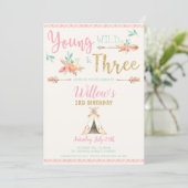 Boho Young Wild and Three 3rd Birthday Party Girl Invitation (Standing Front)