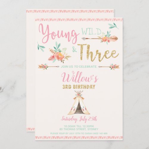 Boho Young Wild and Three 3rd Birthday Party Girl Invitation