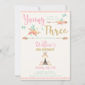 Boho Young Wild and Three 3rd Birthday Party Girl Invitation (Front)