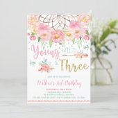 Boho Young Wild and Three 3rd Birthday Party Girl Invitation (Standing Front)