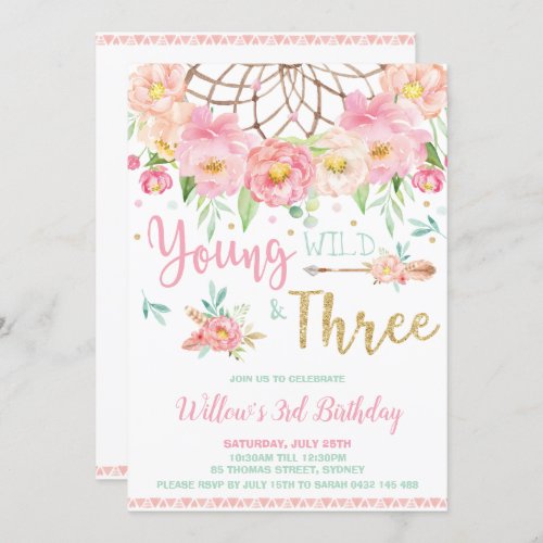 Boho Young Wild and Three 3rd Birthday Party Girl Invitation