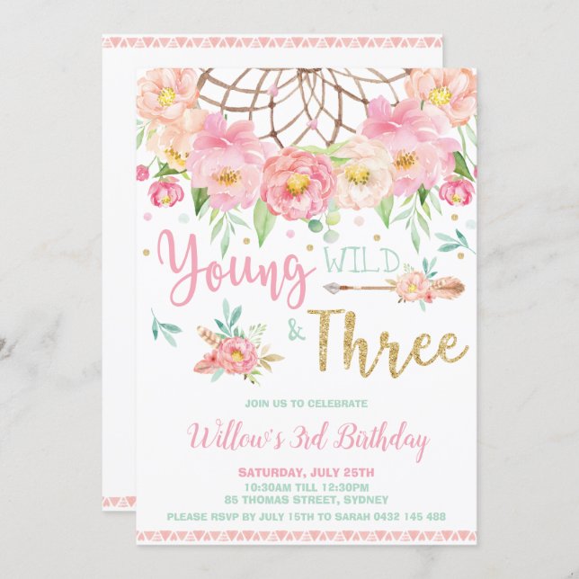 Boho Young Wild and Three 3rd Birthday Party Girl Invitation (Front/Back)